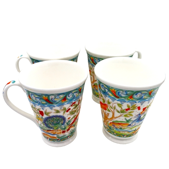 CROWN TRENT MAJOLICA DESIGN BONE CHINA MUGS X 4 PEACOCKS DEER - Picture 3 of 9